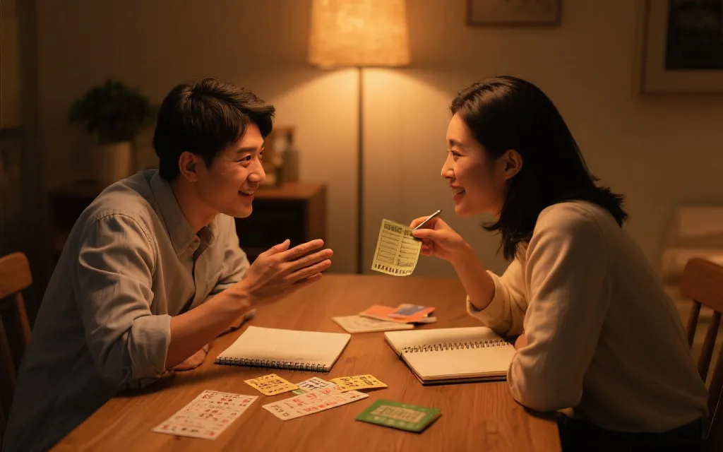 夫妻在温暖灯光下讨论家庭理财规划，桌面有纸笔与文件